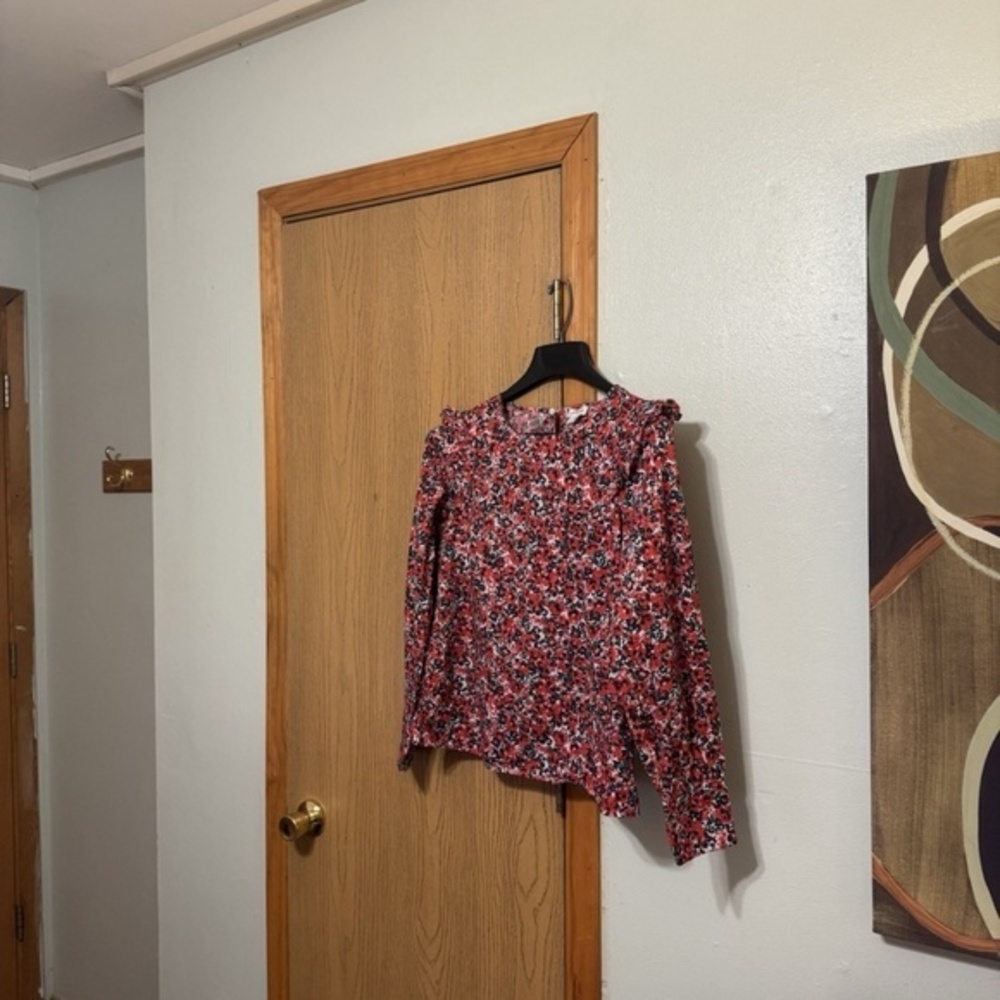 J. Crew Factory Small Multi-Color w/Floral Print Long Sleeve Poplin Ruffle Top